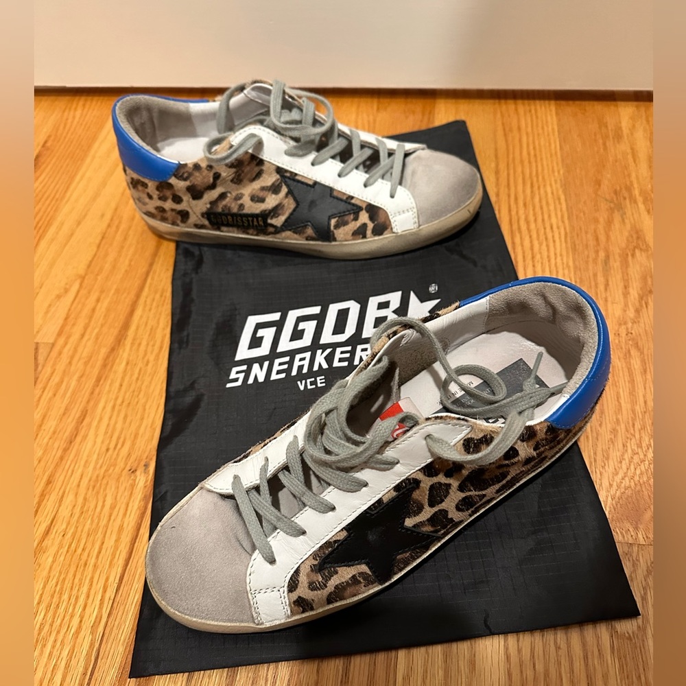 Golden Goose Leopard Print Sneakers with Blue Accents